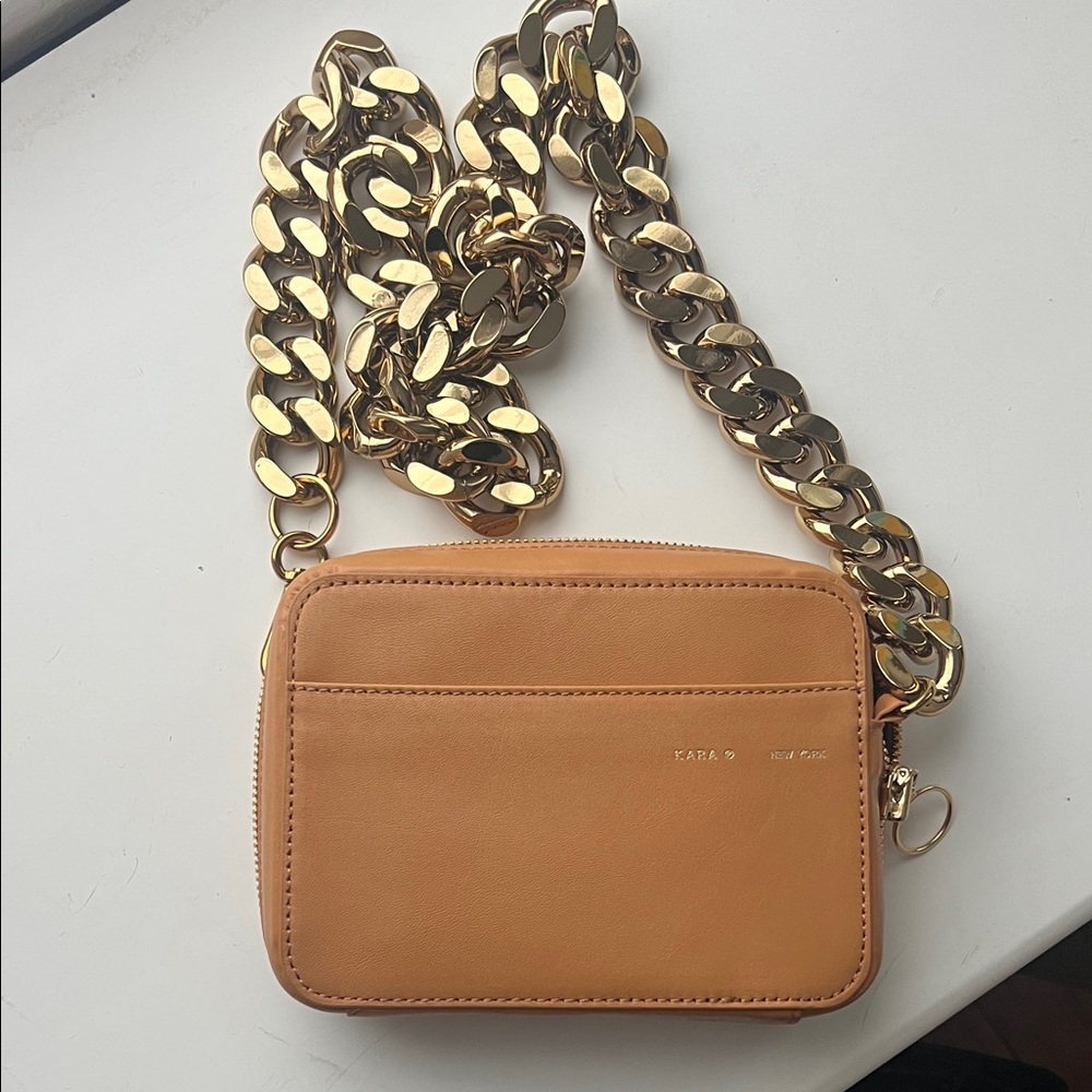 Kara Tan Leather Bag with Gold Chain